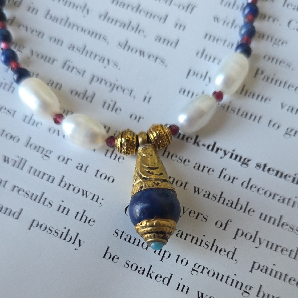 Real Lapis Lazuli Bead Necklace With Gold Pendant -Handcraft/  Boho Style - Picture 11 of 12